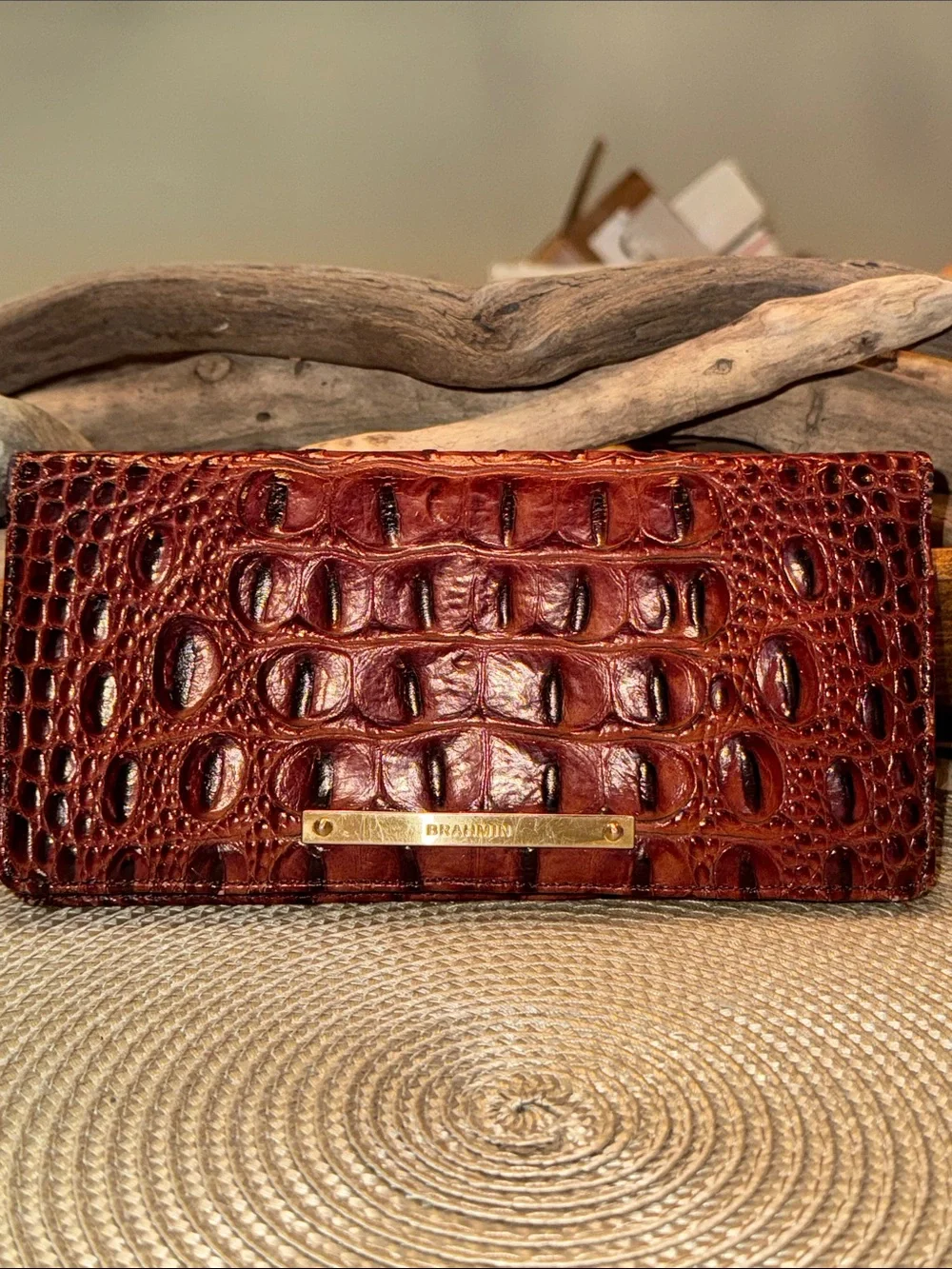 Brahmin Burgundy Croc-Embossed Leather Clutch with Gold Plate